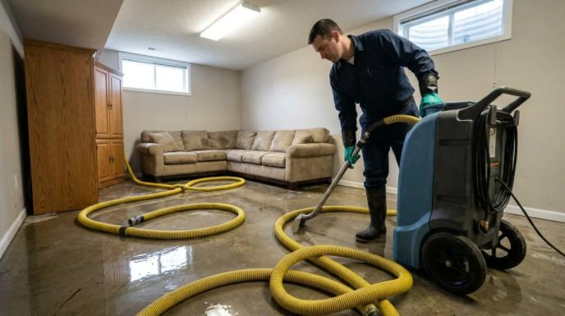 Technician operating commercial water extraction machine in a flooded finished Dearborn basement with dehumidifier running