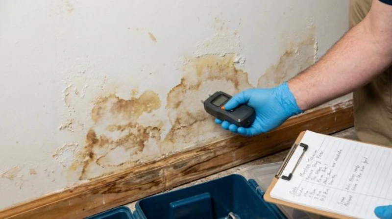Moisture meter reading on Dearborn basement wall showing water staining and mold damage after basement flooding