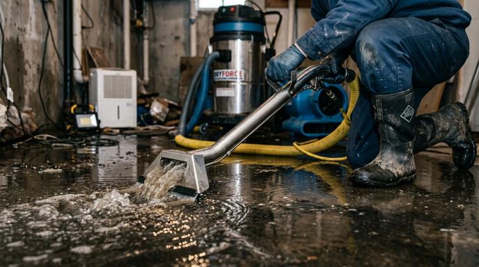 Dryout Michigan technician in Category 3 PPE performing sewage backup cleanup in Flat Rock MI basement