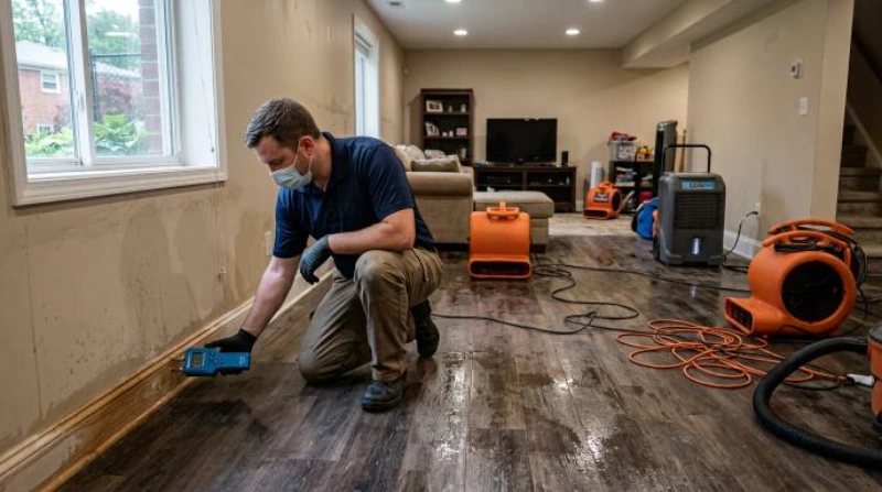 Moisture damage to wood flooring in a finished Troy MI basement after water intrusion