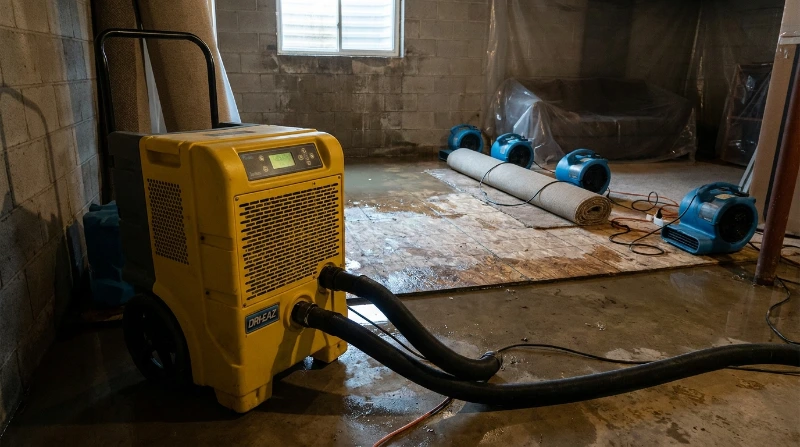 LGR dehumidifier drying a finished basement during water damage restoration in Troy MI