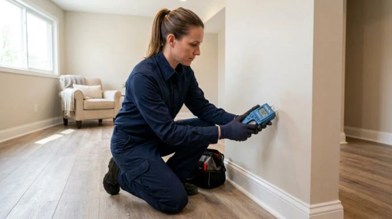 Restoration technician using pin moisture meter to test wall moisture levels in Dearborn basement after water removal