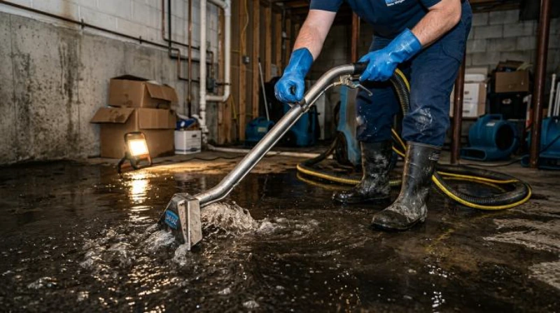 Three-person Dryout Michigan restoration team removing flood-damaged furniture from a West Dearborn basement